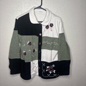 Handmade Vintage Y2K Womans M Floral Button Up Sweater Embroidered
